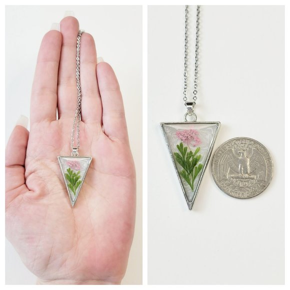 Floral Pendant Necklace Pastel Pink Green and Pearl White Pressed Dried Flowers - Picture 6 of 10